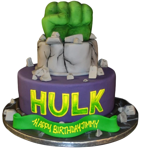 Bespoke Hulk fist duo cake with green fists and comic-style details, perfect for celebration in Solihull, West Midlands.