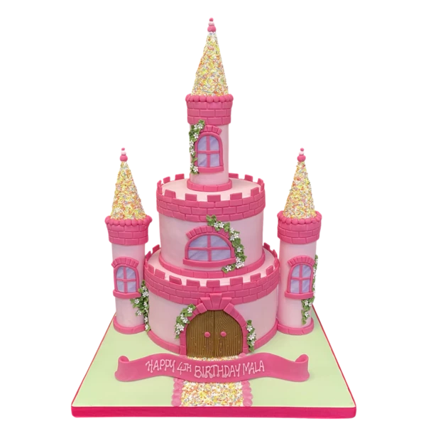Bespoke princess castle cake with sprinkle tops, detailed turrets, and pastel colors in Solihull, West Midlands.