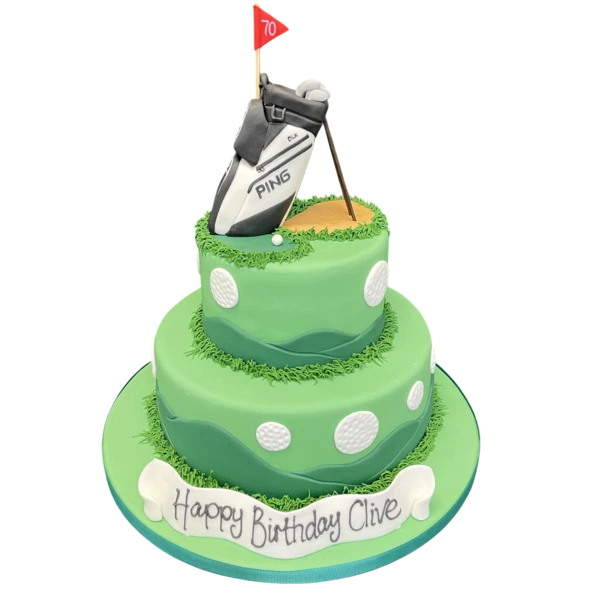 Bespoke golf-themed cake with edible golf balls and clubs, crafted for a celebration in Solihull, West Midlands.