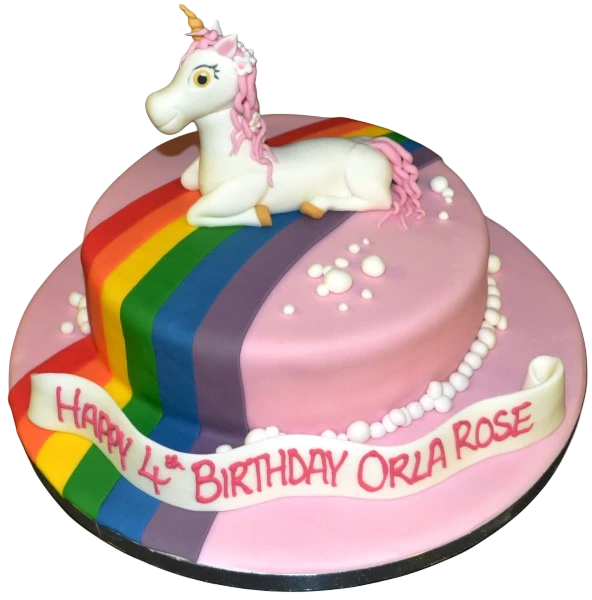 Colorful and vibrant unicorn and rainbow-themed cake, perfect for a magical and whimsical celebration. Ideal for unicorn lovers and themed parties in UK.