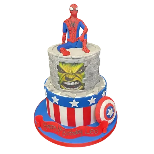 Bespoke Avengers celebration cake featuring Spiderman, Hulk, and Captain America in Solihull, West Midlands.