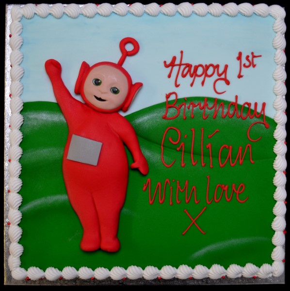 Bespoke square cake featuring a colorful Teletubby design, crafted for celebration in Solihull, West Midlands.