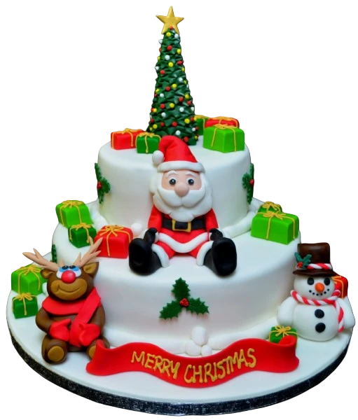 Bespoke Santa and Rudolf duo cake with detailed fondant figures, set in Solihull, West Midlands celebration.
