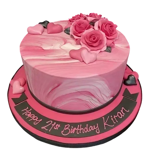 Bespoke cerise and black marble cake decorated with roses and hearts for celebration in Solihull, West Midlands.