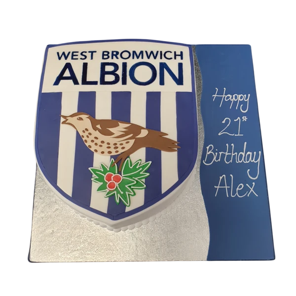Bespoke cake featuring West Bromwich Albion football badge with detailed blue, white, and navy design in Solihull, West Midlands.