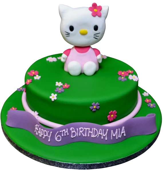 Bespoke 3D Hello Kitty cake on a round base, decorated with pink and white icing, Solihull, West Midlands.