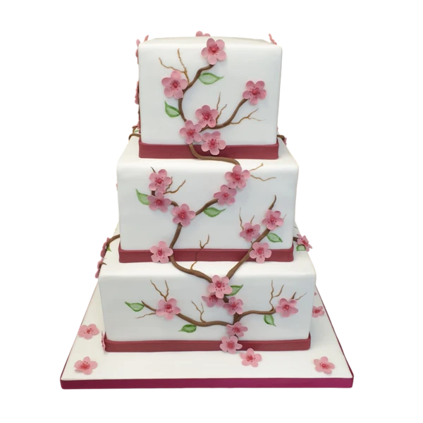 Three-tiered wedding cake with pink sugar paste blossoms and elegant design.