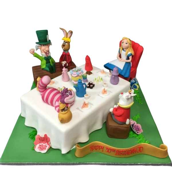 Bespoke Alice in Wonderland celebration cake with colorful characters and intricate details in Solihull, West Midlands.