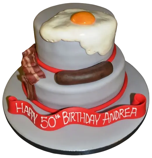 Bespoke Fried Breakfast Duo cake with bacon and eggs design, perfect for celebration in Solihull, West Midlands.
