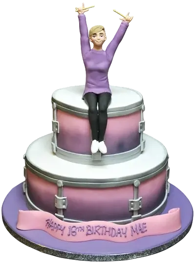 Bespoke cake featuring two detailed drummer figures with drum sets, crafted for a celebration in Solihull, West Midlands.