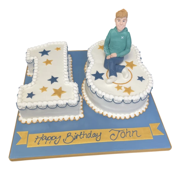 Bespoke number 18 cake with a man figure and stars decoration, perfect for celebration in Solihull, West Midlands.