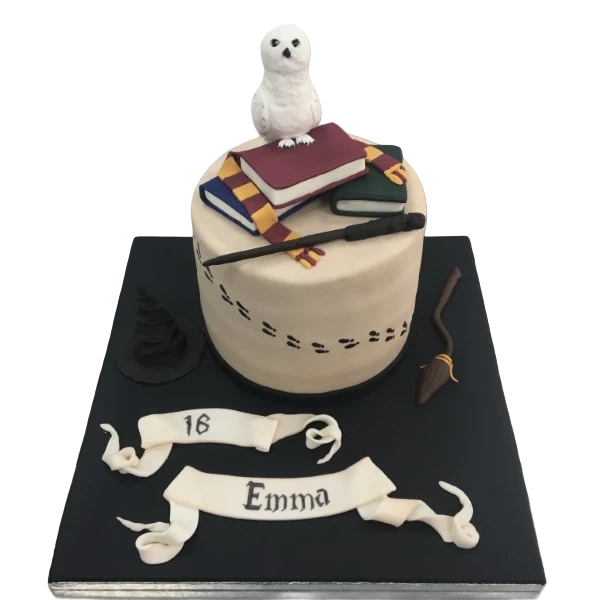 Bespoke Harry Potter owl cake with detailed fondant feathers and glasses, crafted in Solihull, West Midlands.