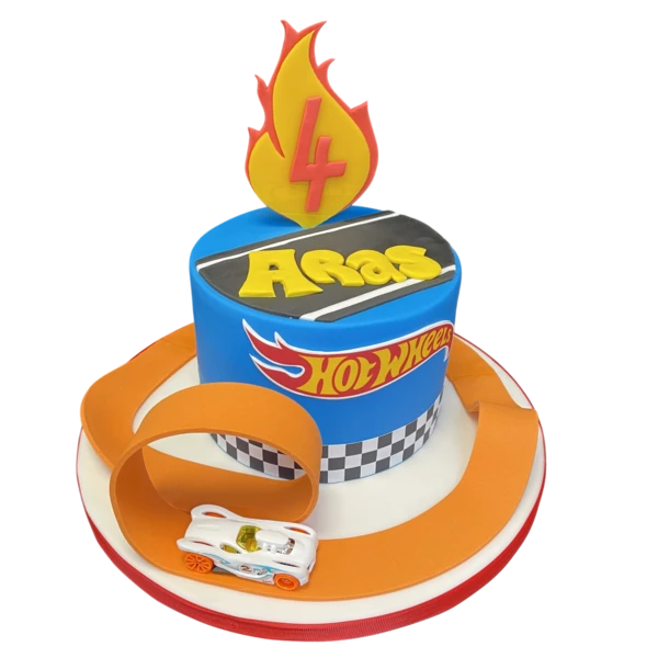 Bespoke Hot Wheels cake with vibrant red and blue racing car designs, crafted in Solihull, West Midlands.
