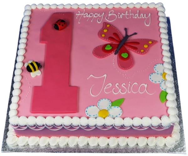 Bespoke celebration cake with butterfly, ladybird, bee decorations, and number topper in Solihull, West Midlands.