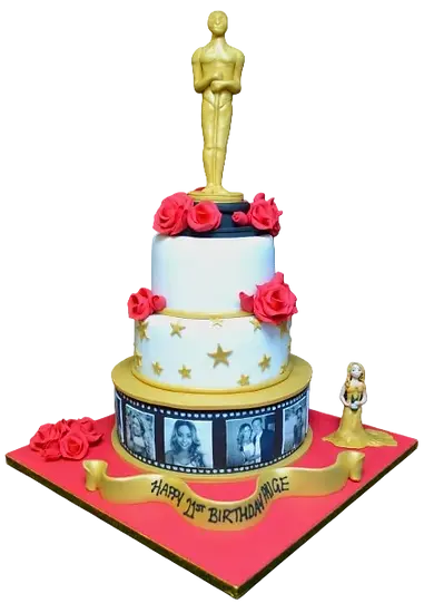 Bespoke Oscar-themed celebration cake trio with gold statuettes and black, white, and red accents in Solihull, West Midlands.