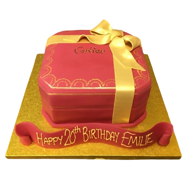 Bespoke Cartier Box cake with red fondant and gold detailing, perfect for celebration in Solihull, West Midlands.