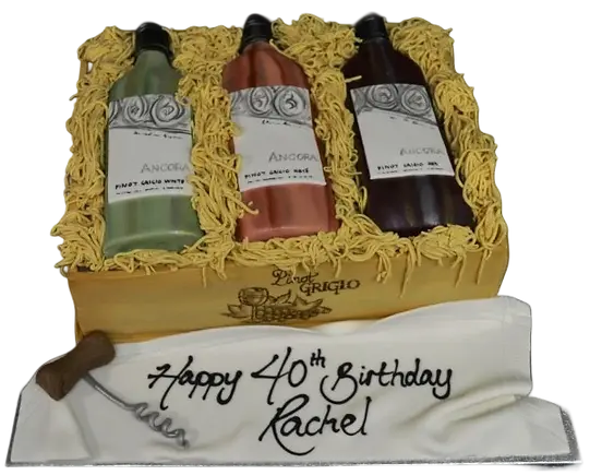Bespoke celebration cake shaped like a wooden wine crate with detailed bottle and label designs in Solihull, West Midlands.