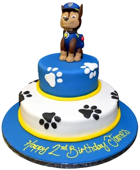 Bespoke PAW PATROL Chase duo cake with detailed character toppers, perfect for celebration in Solihull, West Midlands.