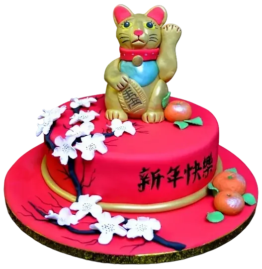 Bespoke Lucky Cat cake with red and gold accents for Chinese New Year celebration in Solihull, West Midlands.