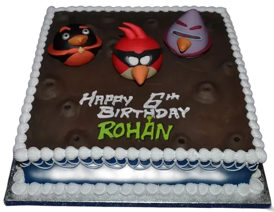 Bespoke Angry Birds themed square cake with colorful fondant characters, crafted in Solihull, West Midlands.