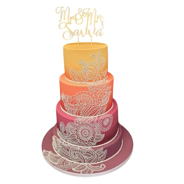 Five-tier wedding cake with sunset colours and intricate lace designs.