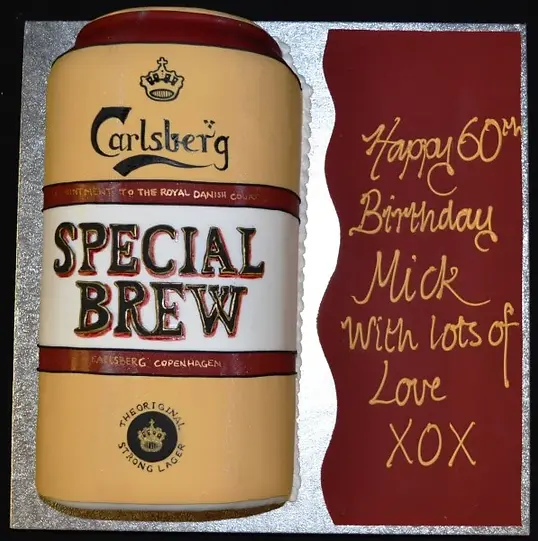 Bespoke cake shaped like a Special Brew can with detailed label design, crafted in Solihull, West Midlands.