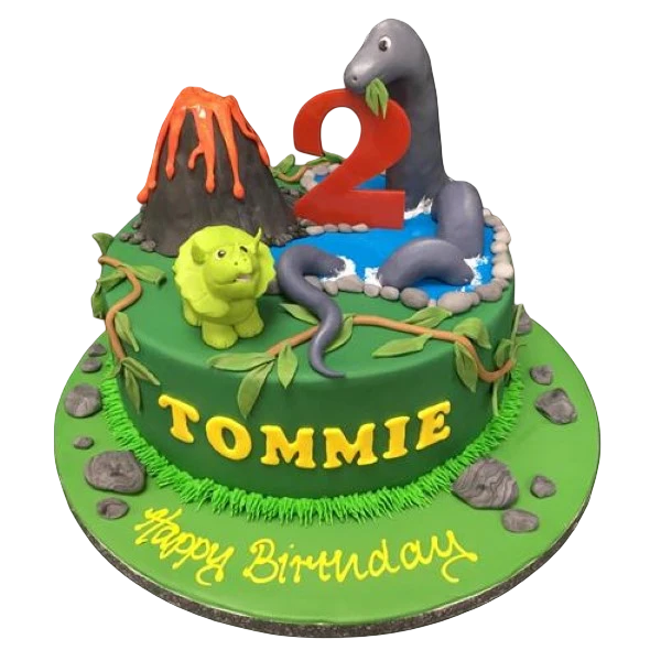 Bespoke round cake with colorful cartoon dinosaurs, decorated for a celebration in Solihull, West Midlands.