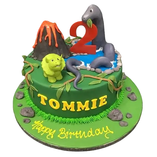 Bespoke round cake with colorful cartoon dinosaurs, perfect for celebration in Solihull, West Midlands.