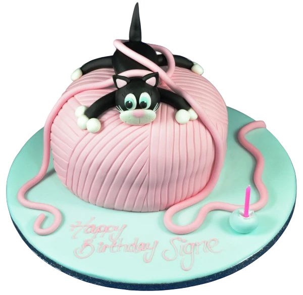 Bespoke cake in Solihull, West Midlands featuring a detailed cat figure resting on textured wool for a celebration.