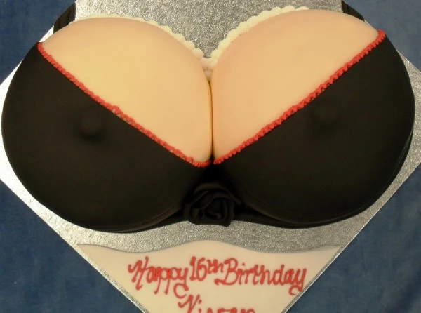 Bespoke cake shaped as a bra with realistic breast details, crafted for a celebration in Solihull, West Midlands.