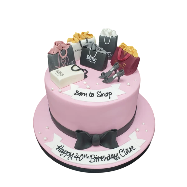 Bespoke "Born to Shop" celebration cake with shopping bag and shoe decorations in Solihull, West Midlands.