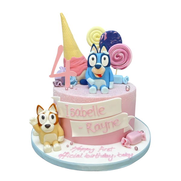 Bespoke Bluey and Bingo themed cake with vibrant characters, perfect for celebration in Solihull, West Midlands.