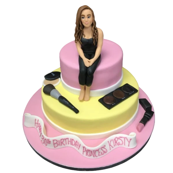 A beautifully decorated lady and makeup themed cake perfect for birthdays or special occasions in UK.