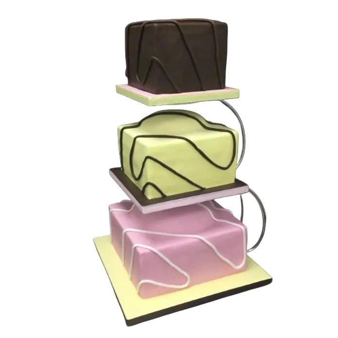 Three-tier modern wedding cake with chocolate, yellow, and pink sugar paste.