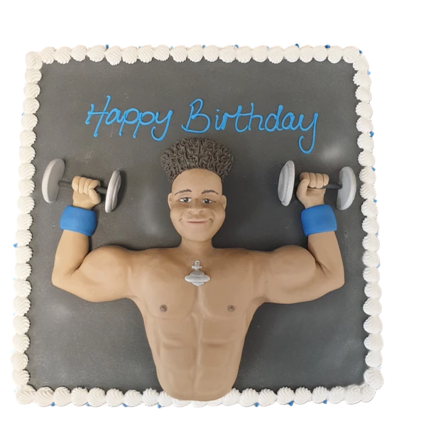 Bespoke Gym Weight Lifter cake with edible dumbbells and muscle details, crafted in Solihull, West Midlands.