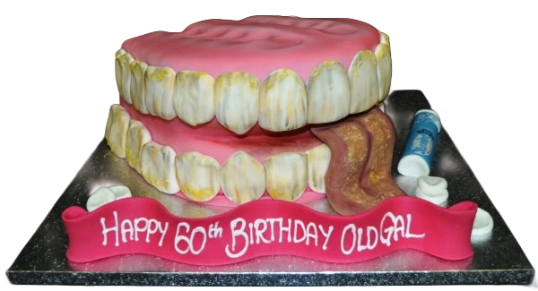 Bespoke Dirty Dentures cake with realistic teeth and gums design for celebration in Solihull, West Midlands.