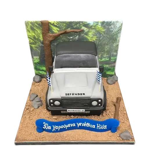 Bespoke Defender Front cake with detailed vehicle design, perfect for celebration in Solihull, West Midlands.