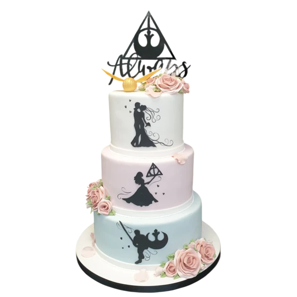 Three-tier wedding cake with sugar paste roses and fantasy silhouettes.