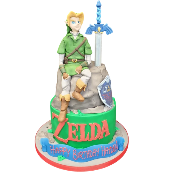 Bespoke Zelda Link cake featuring detailed character design, vibrant colors, crafted in Solihull, West Midlands.