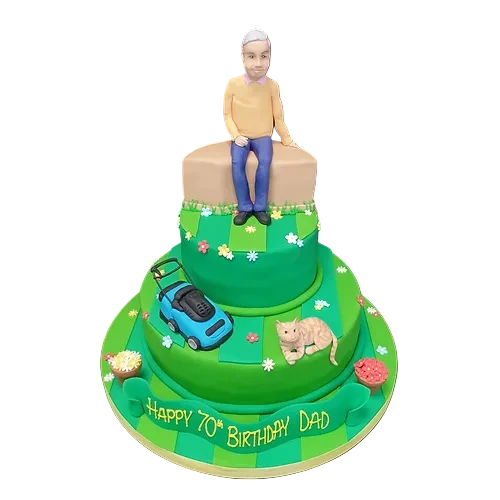 Bespoke gardening-themed cake with edible flowers and tools, crafted for celebration in Solihull, West Midlands.