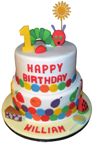 Bespoke Hungry Caterpillar duo cake with vibrant fondant details, perfect for celebration in Solihull, West Midlands.