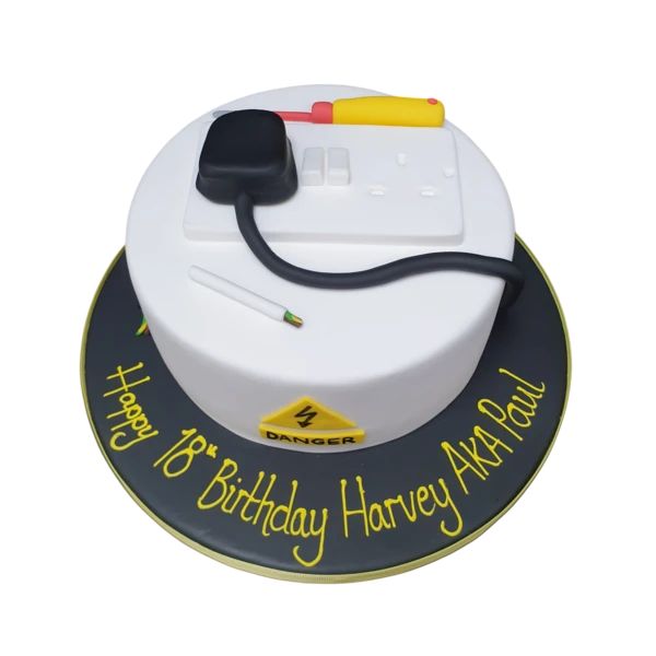 Bespoke electrician-themed cake with edible tools and wiring details, crafted for celebration in Solihull, West Midlands.