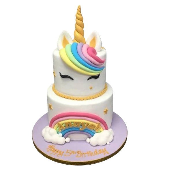 Bespoke unicorn and rainbow cake with 8 and 6-inch tiers, decorated with pastel colors in Solihull, West Midlands.