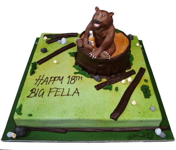 Bespoke cake featuring a detailed bear sitting on a textured tree stump, crafted in Solihull, West Midlands.