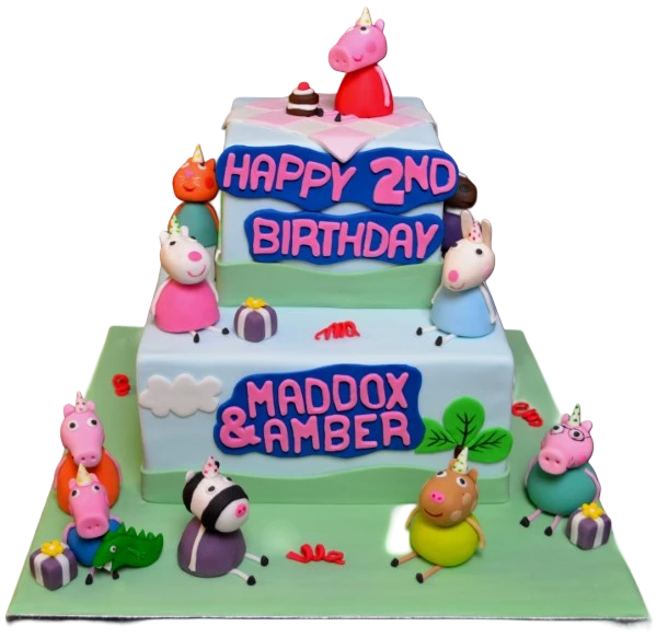 Adorable Peppa Pig duo cake with pink and blue decorations, perfect for a children's birthday party in UK.