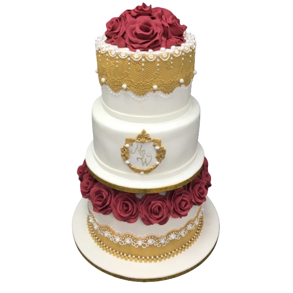 Three-tier wedding cake with red sugar paste roses and gold accents.