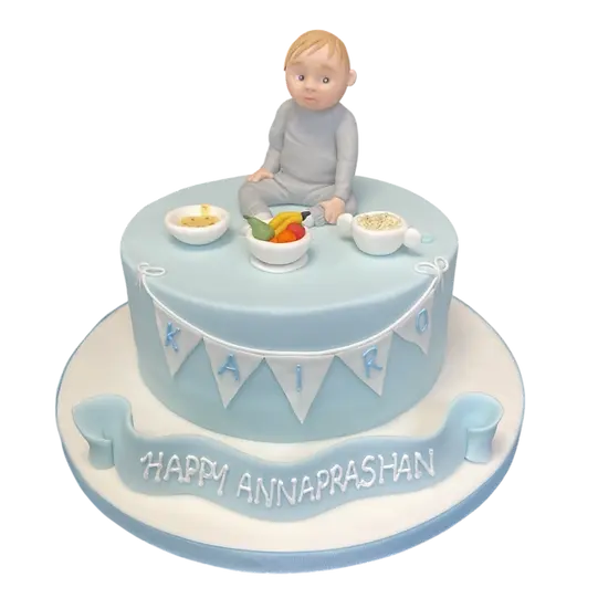 Bespoke Annaprashan celebration cake for 6 months old, decorated with colorful baby-themed toppers in Solihull, West Midlands.