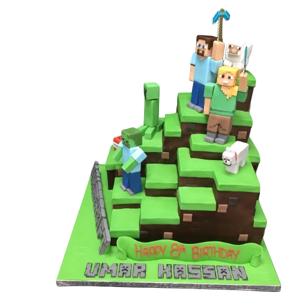 Bespoke Minecraft-themed celebration cake with pixelated grass blocks, crafted in Solihull, West Midlands.