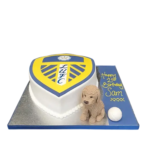 Bespoke celebration cake featuring Leeds United badge and dog design in Solihull, West Midlands.