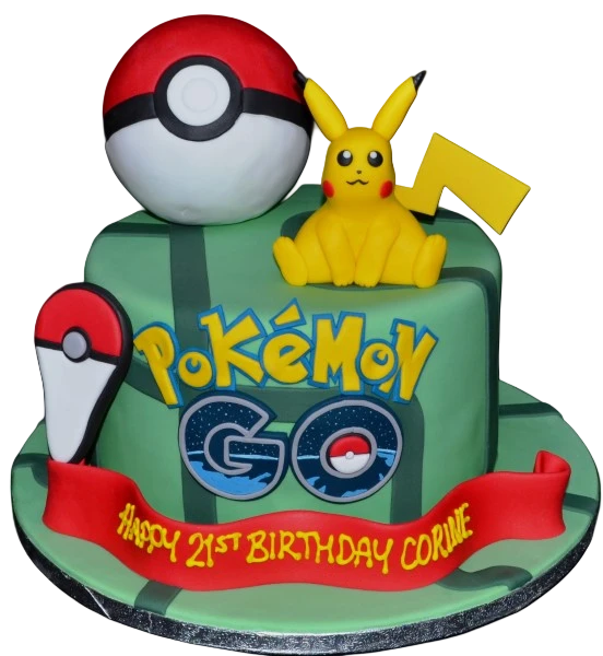 Bespoke Pokémon GO themed cake with colorful Poké Balls and character toppers, crafted in Solihull, West Midlands.